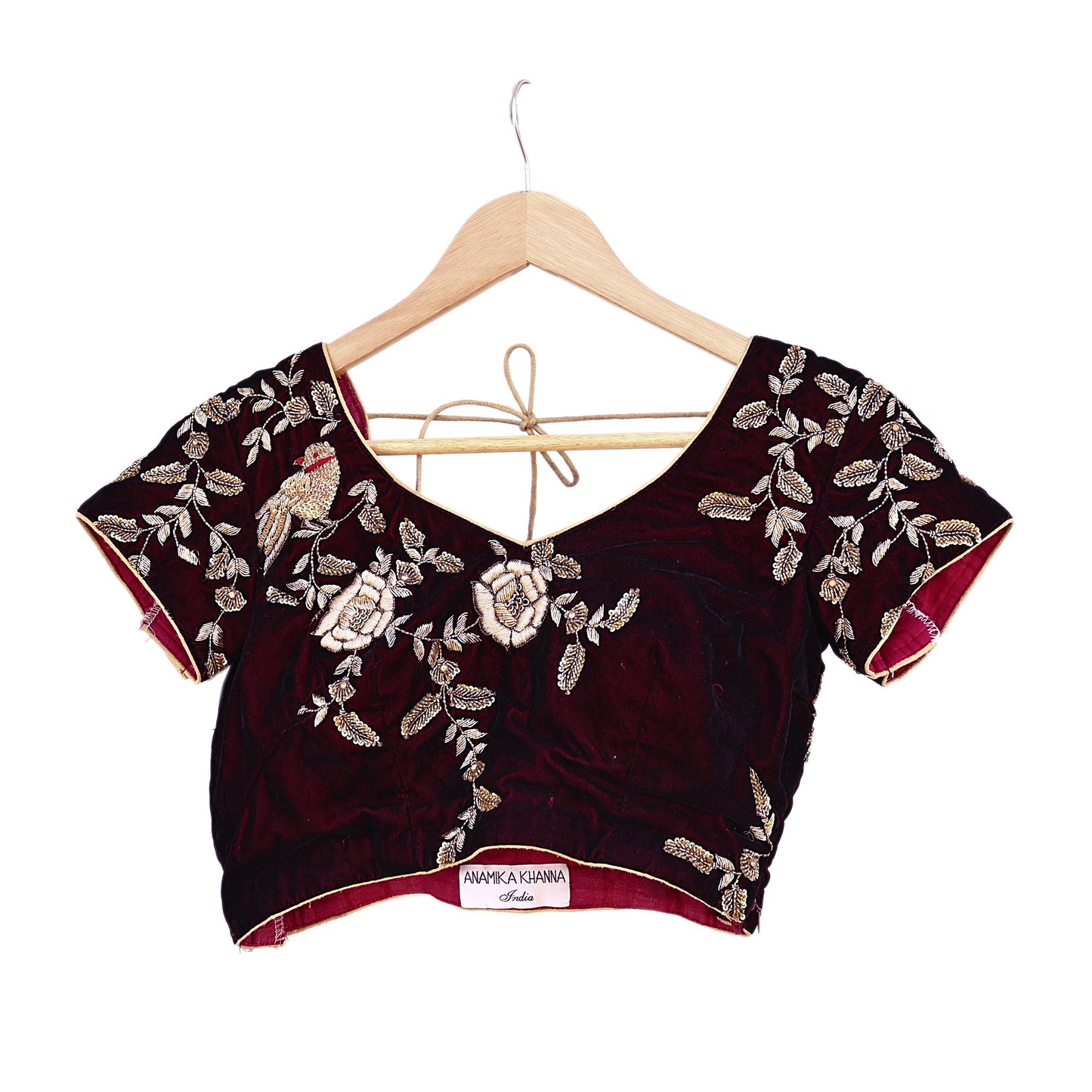 Indian Pre-owned Heavy Maroon Velvet Hand Embroidered By Designer Anamika Khanna Padded Blouse/Top/Crop M Size Party wear Bollywood