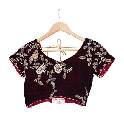 Indian Pre-owned Heavy Maroon Velvet Hand Embroidered By Designer Anamika Khanna Padded Blouse/Top/Crop M Size Party wear Bollywood