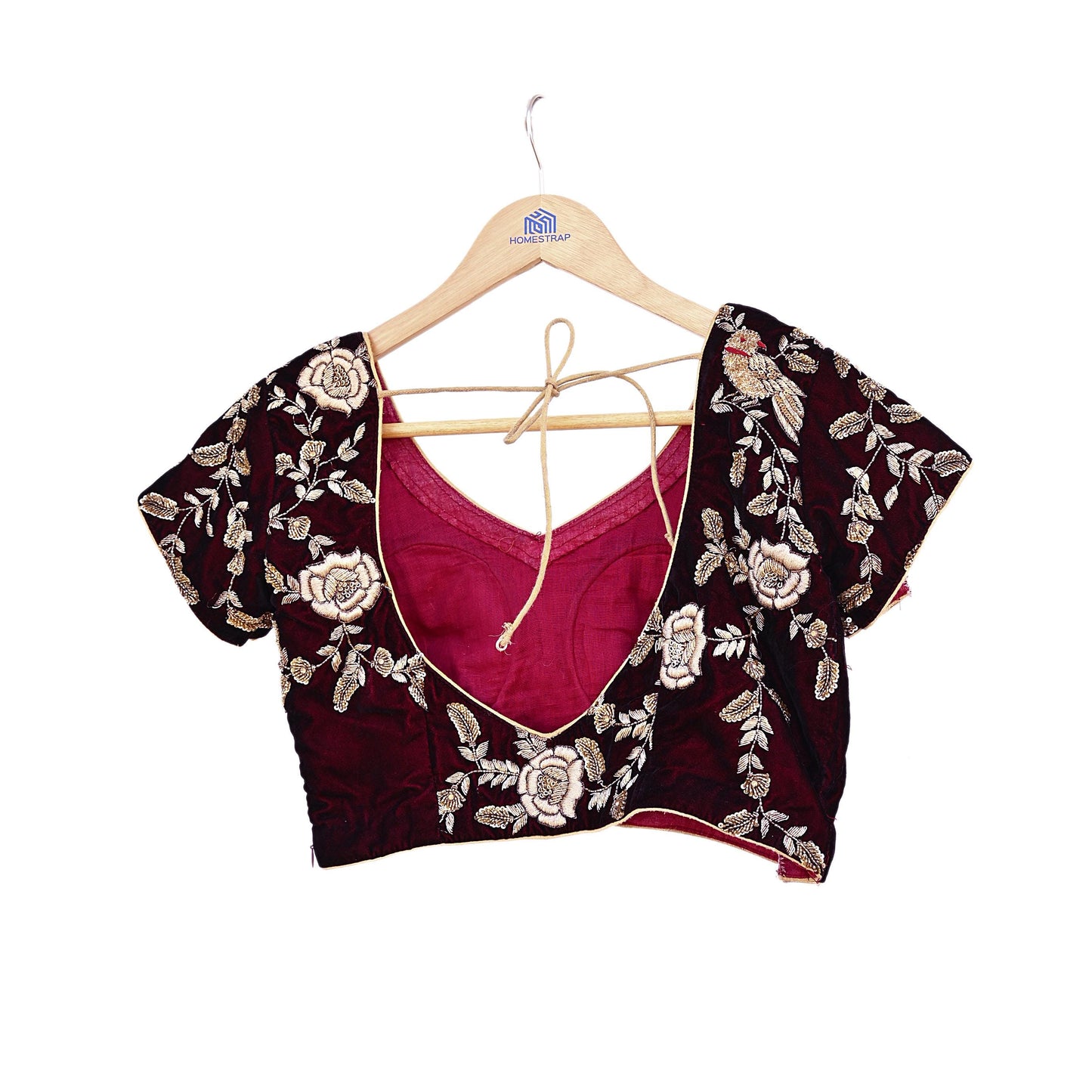 Indian Pre-owned Heavy Maroon Velvet Hand Embroidered By Designer Anamika Khanna Padded Blouse/Top/Crop M Size Party wear Bollywood