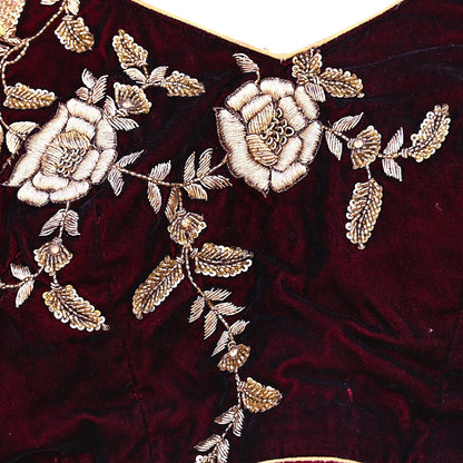 Indian Pre-owned Heavy Maroon Velvet Hand Embroidered By Designer Anamika Khanna Padded Blouse/Top/Crop M Size Party wear Bollywood