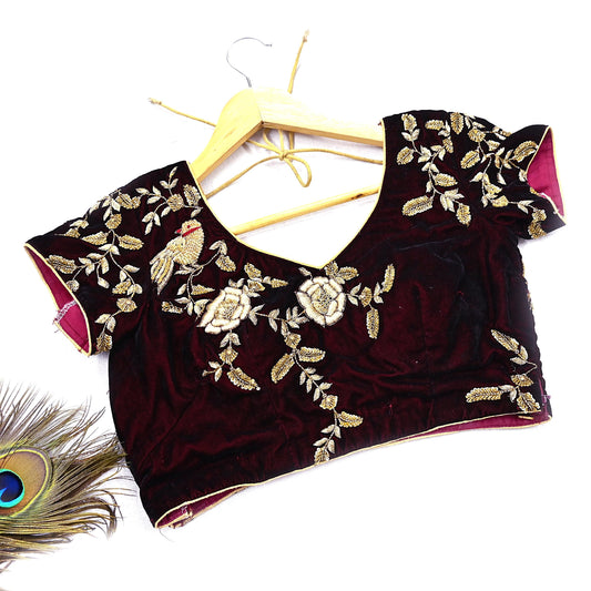 Indian Pre-owned Heavy Maroon Velvet Hand Embroidered By Designer Anamika Khanna Padded Blouse/Top/Crop M Size Party wear Bollywood