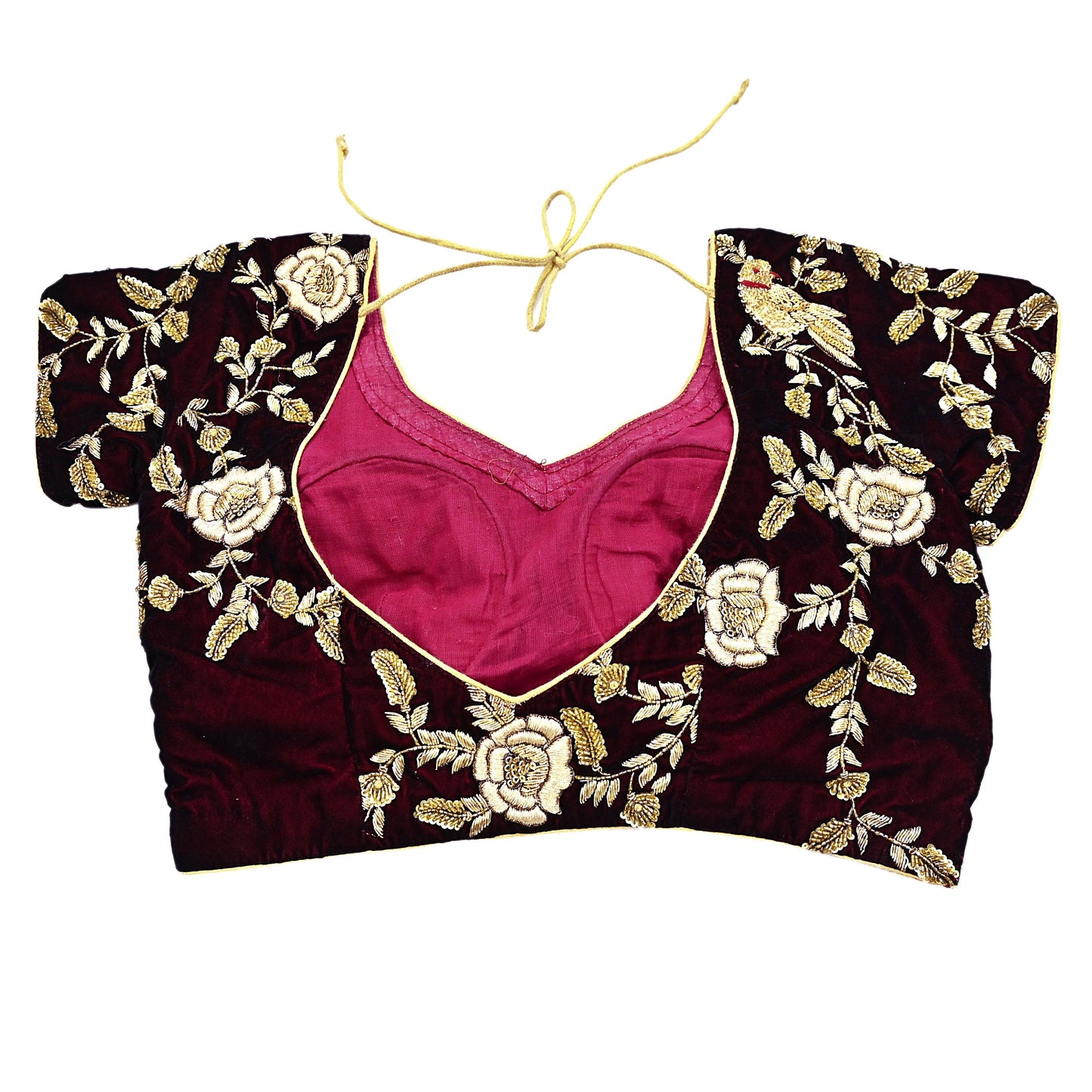 Indian Pre-owned Heavy Maroon Velvet Hand Embroidered By Designer Anamika Khanna Padded Blouse/Top/Crop M Size Party wear Bollywood