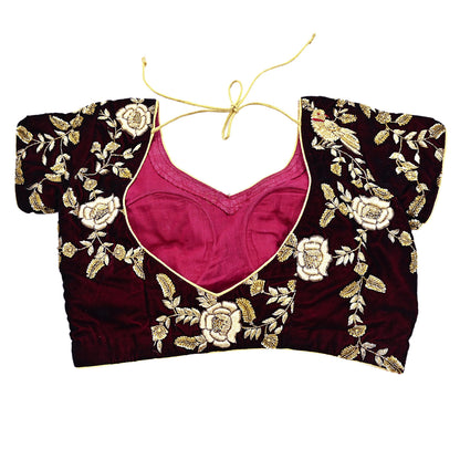 Indian Pre-owned Heavy Maroon Velvet Hand Embroidered By Designer Anamika Khanna Padded Blouse/Top/Crop M Size Party wear Bollywood