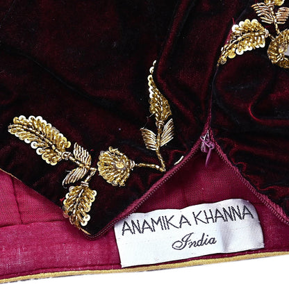 Indian Pre-owned Heavy Maroon Velvet Hand Embroidered By Designer Anamika Khanna Padded Blouse/Top/Crop M Size Party wear Bollywood