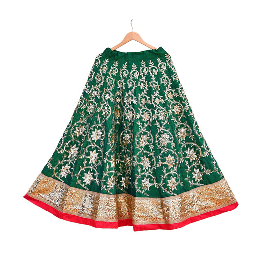 Indian Vintage Green Raw Silk Hand Embroidered Skirt Bridal Party Wear Bollywood Lehenga Zardozi/ Dabka, Zari