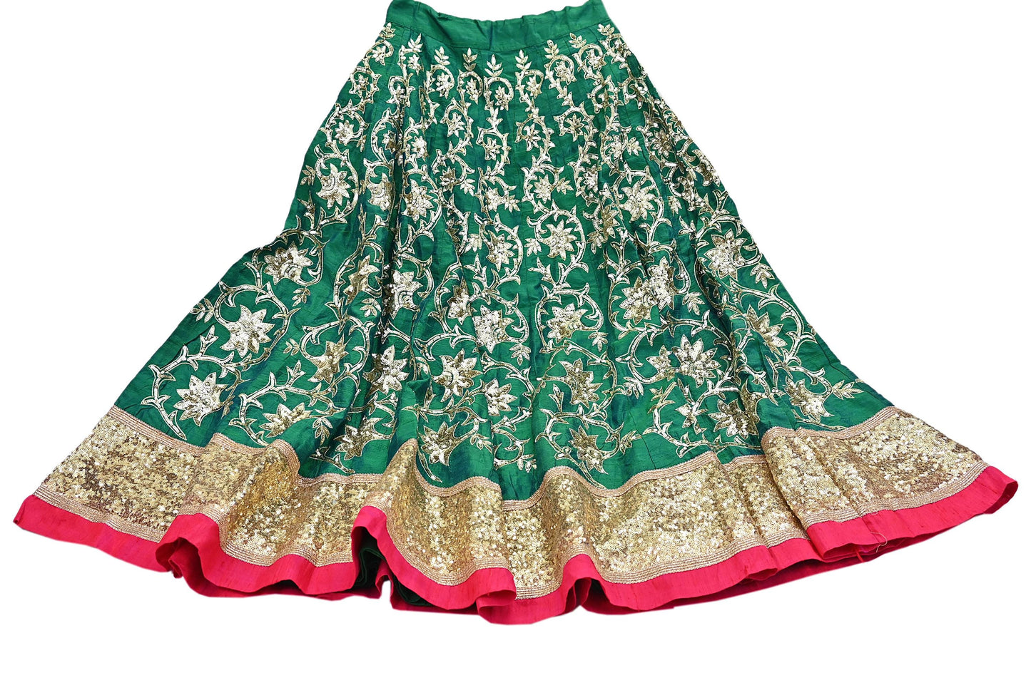 Indian Vintage Green Raw Silk Hand Embroidered Skirt Bridal Party Wear Bollywood Lehenga Zardozi/ Dabka, Zari