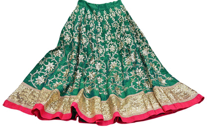 Indian Vintage Green Raw Silk Hand Embroidered Skirt Bridal Party Wear Bollywood Lehenga Zardozi/ Dabka, Zari