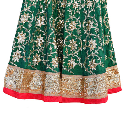 Indian Vintage Green Raw Silk Hand Embroidered Skirt Bridal Party Wear Bollywood Lehenga Zardozi/ Dabka, Zari