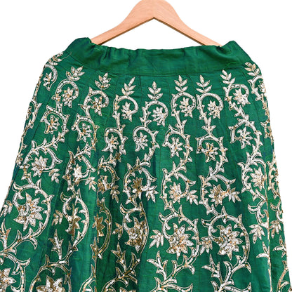 Indian Vintage Green Raw Silk Hand Embroidered Skirt Bridal Party Wear Bollywood Lehenga Zardozi/ Dabka, Zari