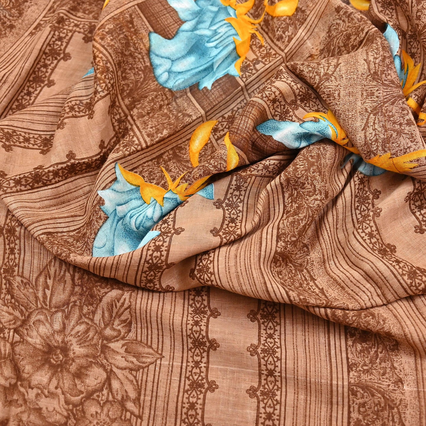 Indian Vintage Sari Brown Printed 100% Pure Cotton Saree Craft Fabric 5Yd Soft Sewing Sarong Wrap Boho Dress Making Quilting