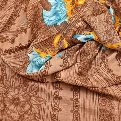 Indian Vintage Sari Brown Printed 100% Pure Cotton Saree Craft Fabric 5Yd Soft Sewing Sarong Wrap Boho Dress Making Quilting