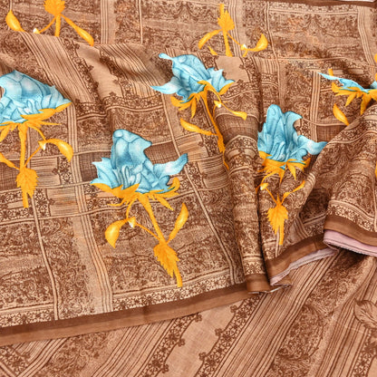 Indian Vintage Sari Brown Printed 100% Pure Cotton Saree Craft Fabric 5Yd Soft Sewing Sarong Wrap Boho Dress Making Quilting