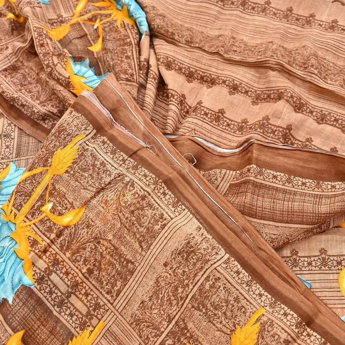 Indian Vintage Sari Brown Printed 100% Pure Cotton Saree Craft Fabric 5Yd Soft Sewing Sarong Wrap Boho Dress Making Quilting