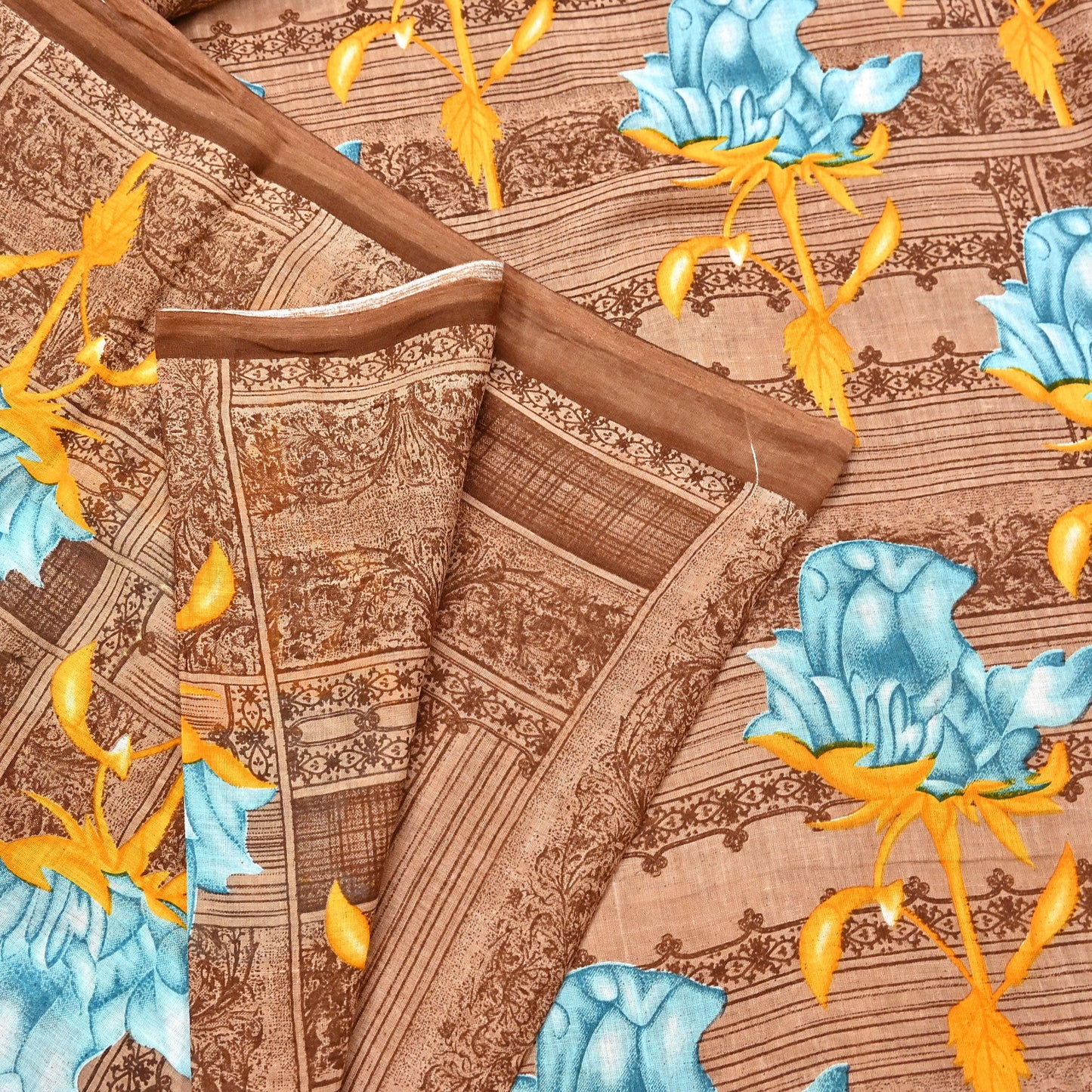 Indian Vintage Sari Brown Printed 100% Pure Cotton Saree Craft Fabric 5Yd Soft Sewing Sarong Wrap Boho Dress Making Quilting