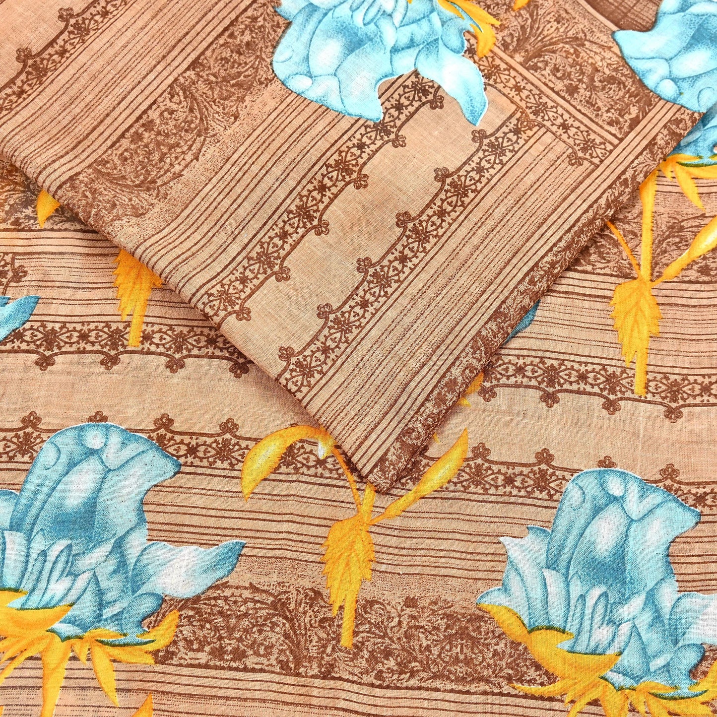 Indian Vintage Sari Brown Printed 100% Pure Cotton Saree Craft Fabric 5Yd Soft Sewing Sarong Wrap Boho Dress Making Quilting