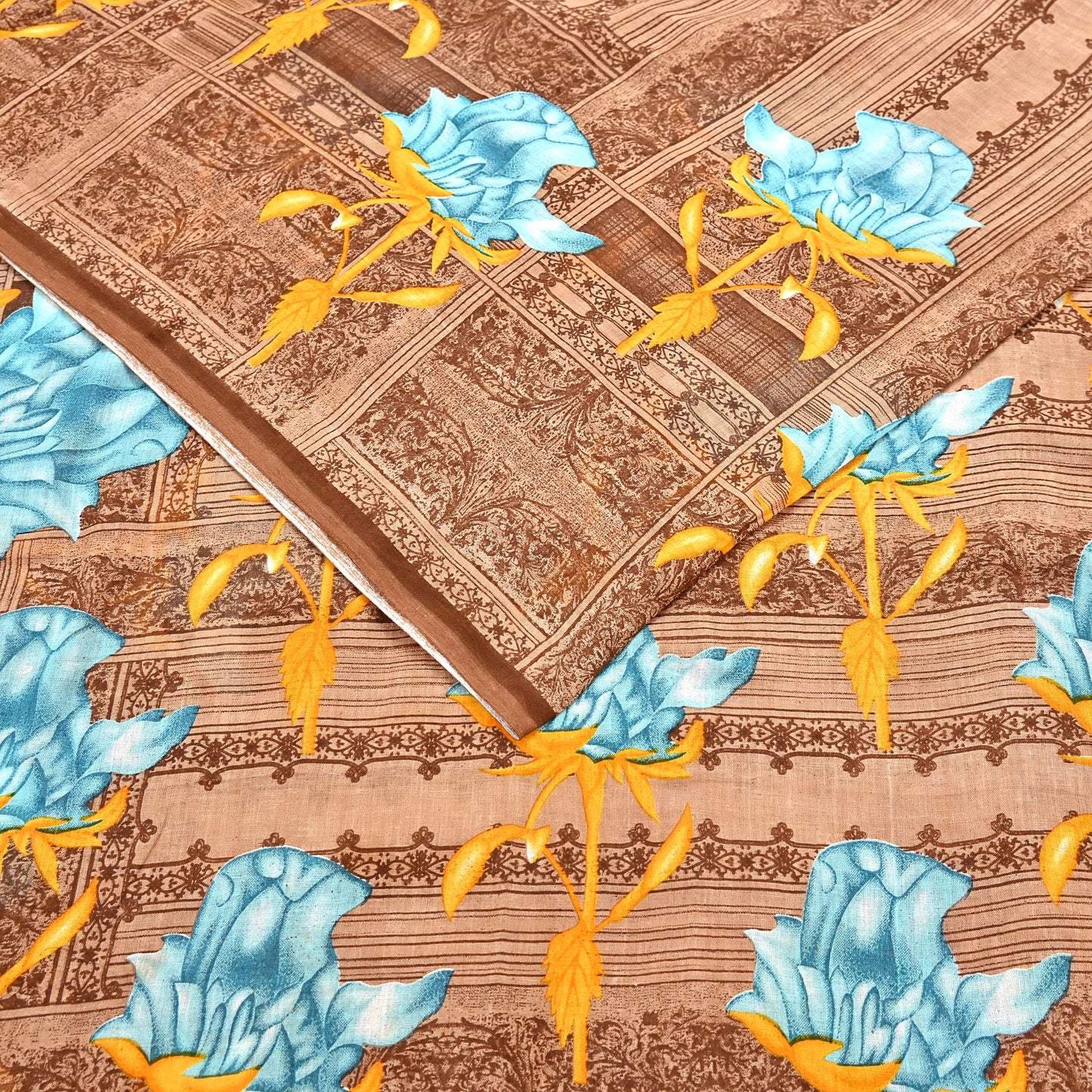 Indian Vintage Sari Brown Printed 100% Pure Cotton Saree Craft Fabric 5Yd Soft Sewing Sarong Wrap Boho Dress Making Quilting