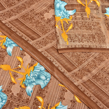 Indian Vintage Sari Brown Printed 100% Pure Cotton Saree Craft Fabric 5Yd Soft Sewing Sarong Wrap Boho Dress Making Quilting