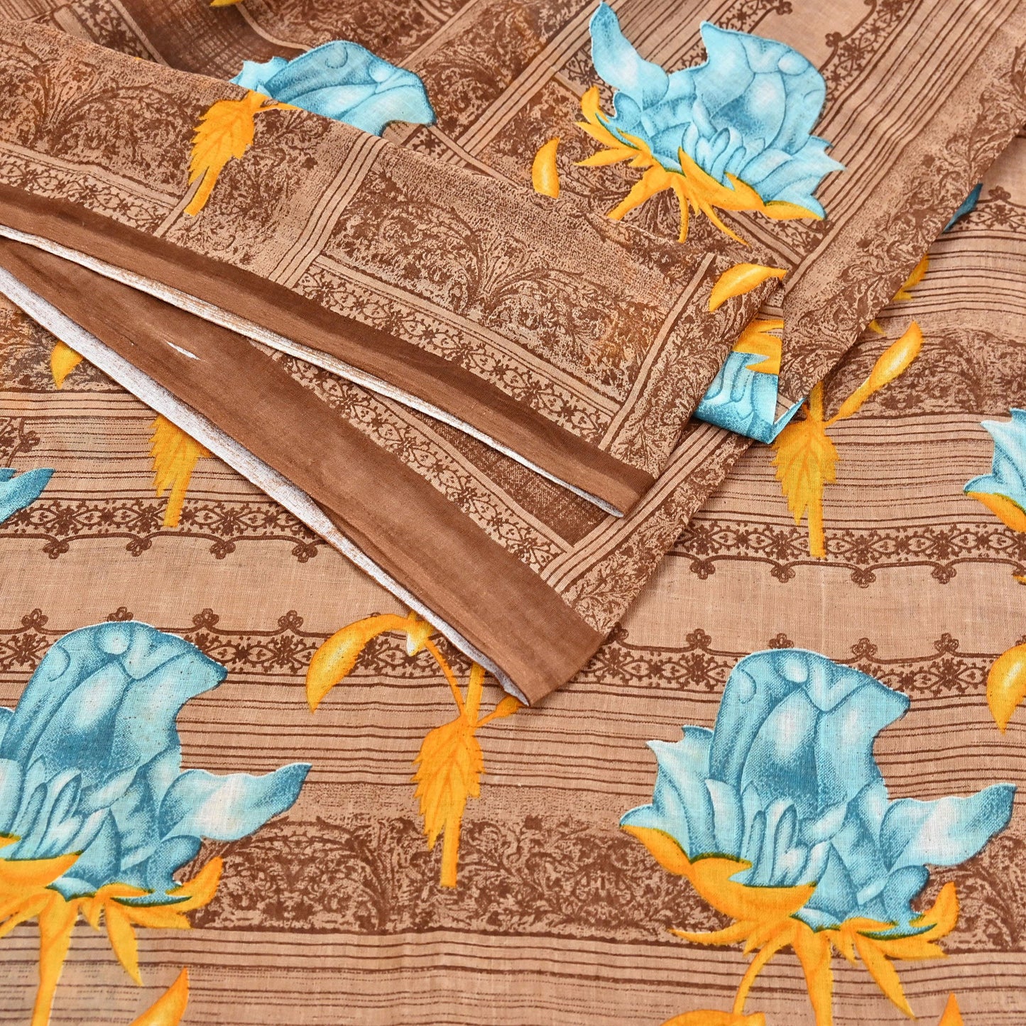 Indian Vintage Sari Brown Printed 100% Pure Cotton Saree Craft Fabric 5Yd Soft Sewing Sarong Wrap Boho Dress Making Quilting