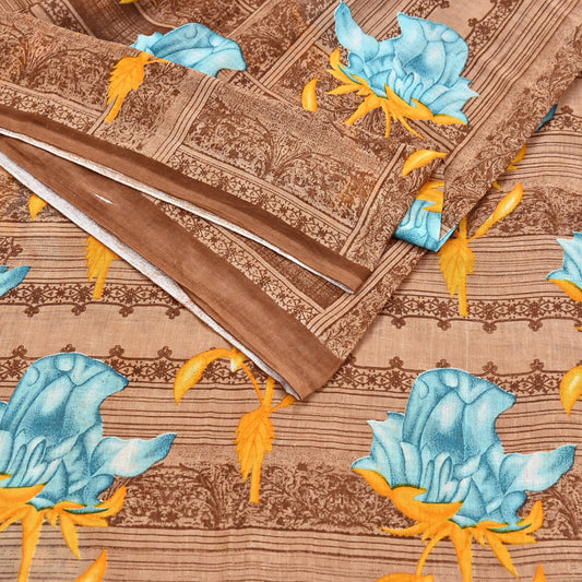 Indian Vintage Sari Brown Printed 100% Pure Cotton Saree Craft Fabric 5Yd Soft Sewing Sarong Wrap Boho Dress Making Quilting