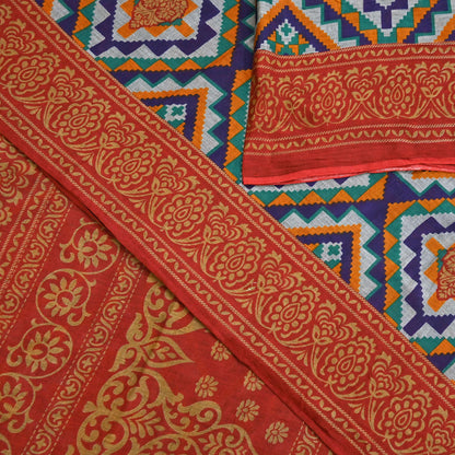 Indian Vintage Sari Red & Multi Printed 100% Pure Cotton Sarees Craft Fabric 5Yd Sewing Sarong Wrap Boho Floral Dress Making Crafting Soft