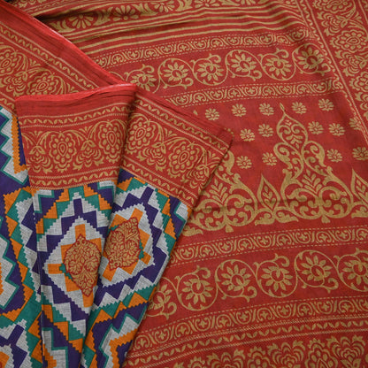 Indian Vintage Sari Red & Multi Printed 100% Pure Cotton Sarees Craft Fabric 5Yd Sewing Sarong Wrap Boho Floral Dress Making Crafting Soft