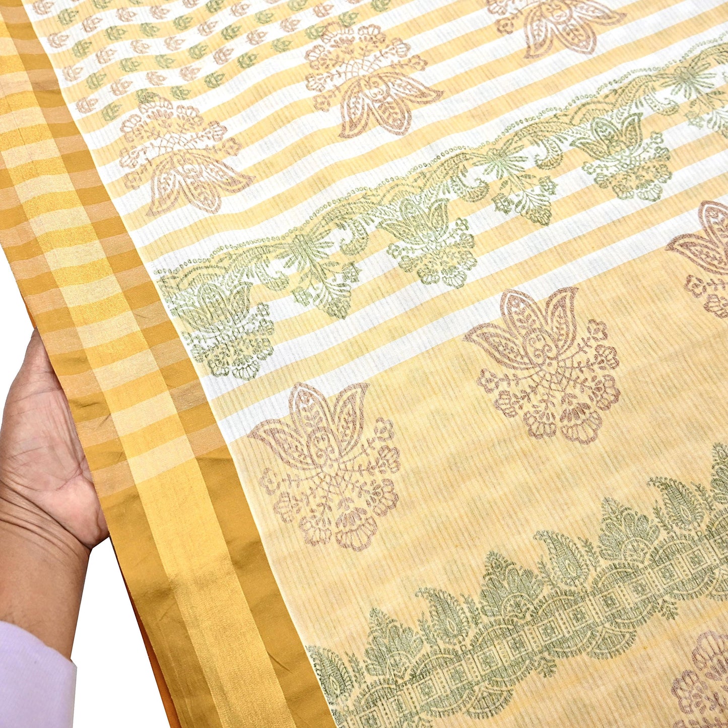 Indian Vintage Sari White & Beige Printed 100% Pure Cotton Sarees Craft Fabric 5Yd Sewing Sarong Wrap Boho Quilting Crafting zari border