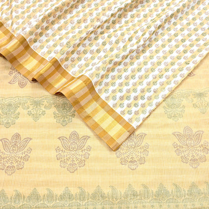 Indian Vintage Sari White & Beige Printed 100% Pure Cotton Sarees Craft Fabric 5Yd Sewing Sarong Wrap Boho Quilting Crafting zari border