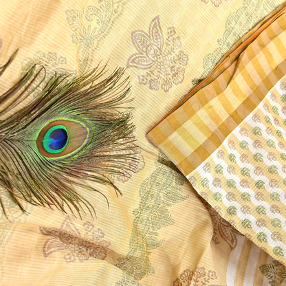 Indian Vintage Sari White & Beige Printed 100% Pure Cotton Sarees Craft Fabric 5Yd Sewing Sarong Wrap Boho Quilting Crafting zari border