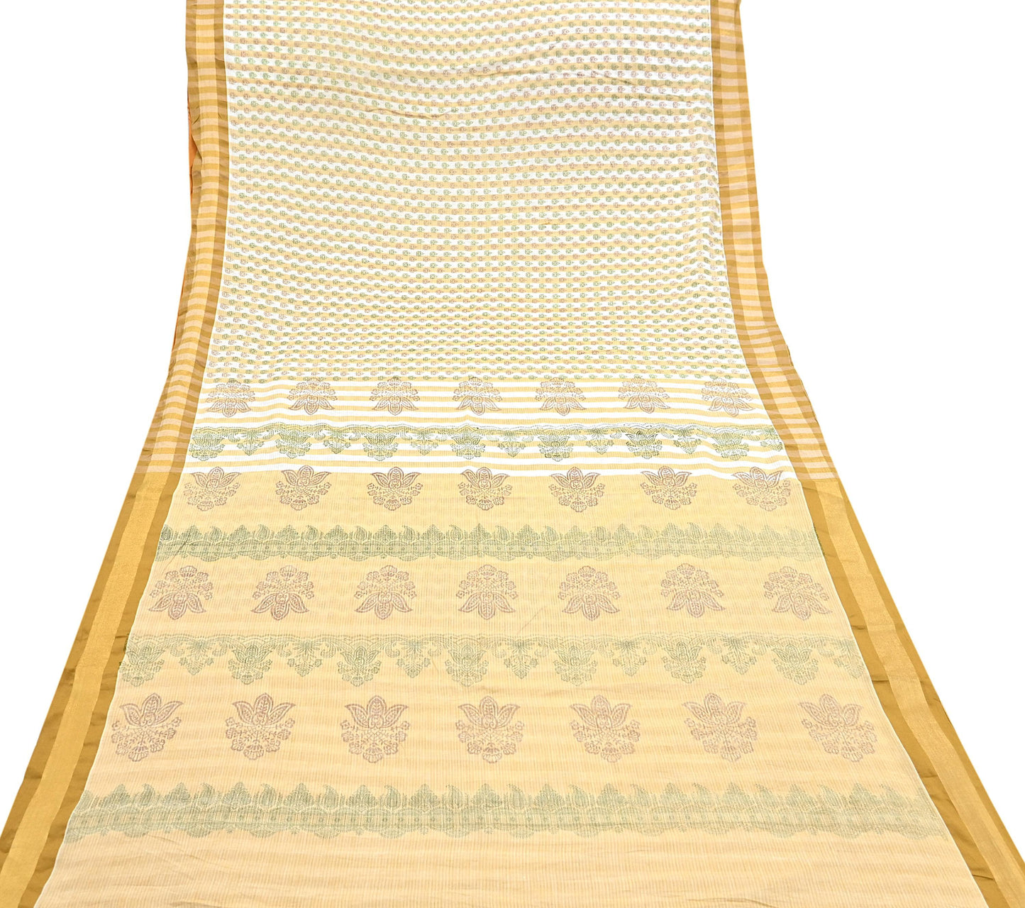 Indian Vintage Sari White & Beige Printed 100% Pure Cotton Sarees Craft Fabric 5Yd Sewing Sarong Wrap Boho Quilting Crafting zari border
