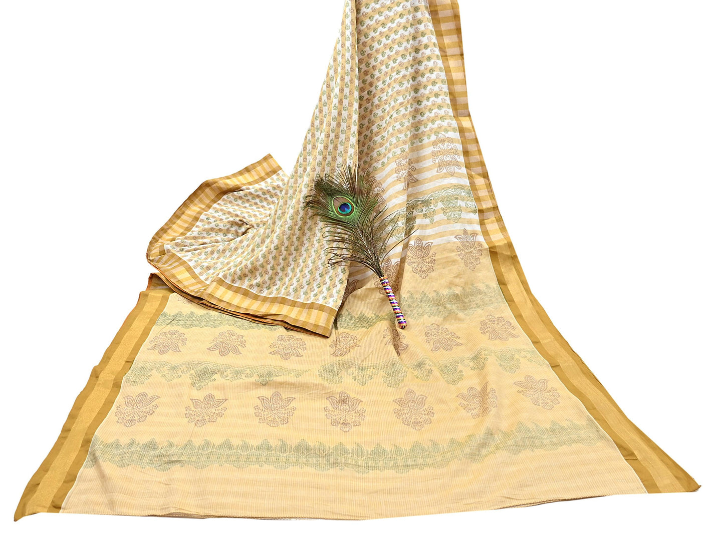 Indian Vintage Sari White & Beige Printed 100% Pure Cotton Sarees Craft Fabric 5Yd Sewing Sarong Wrap Boho Quilting Crafting zari border