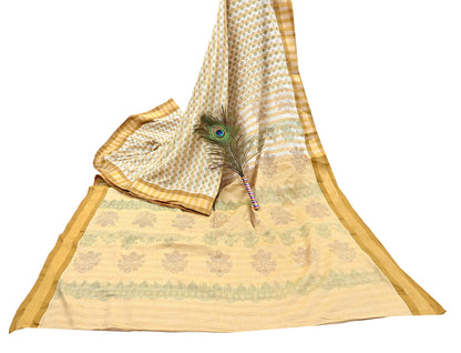 Indian Vintage Sari White & Beige Printed 100% Pure Cotton Sarees Craft Fabric 5Yd Sewing Sarong Wrap Boho Quilting Crafting zari border