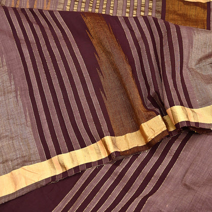 Vintage Sari Brown & Maroon Pure Cotton Hand Woven Sarees Craft Fabric Zari 5Yd Sewing Soft Crafting Dress making Upcycle Quilting Zigzag