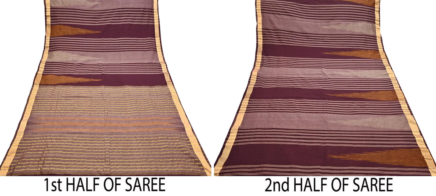 Vintage Sari Brown & Maroon Pure Cotton Hand Woven Sarees Craft Fabric Zari 5Yd Sewing Soft Crafting Dress making Upcycle Quilting Zigzag
