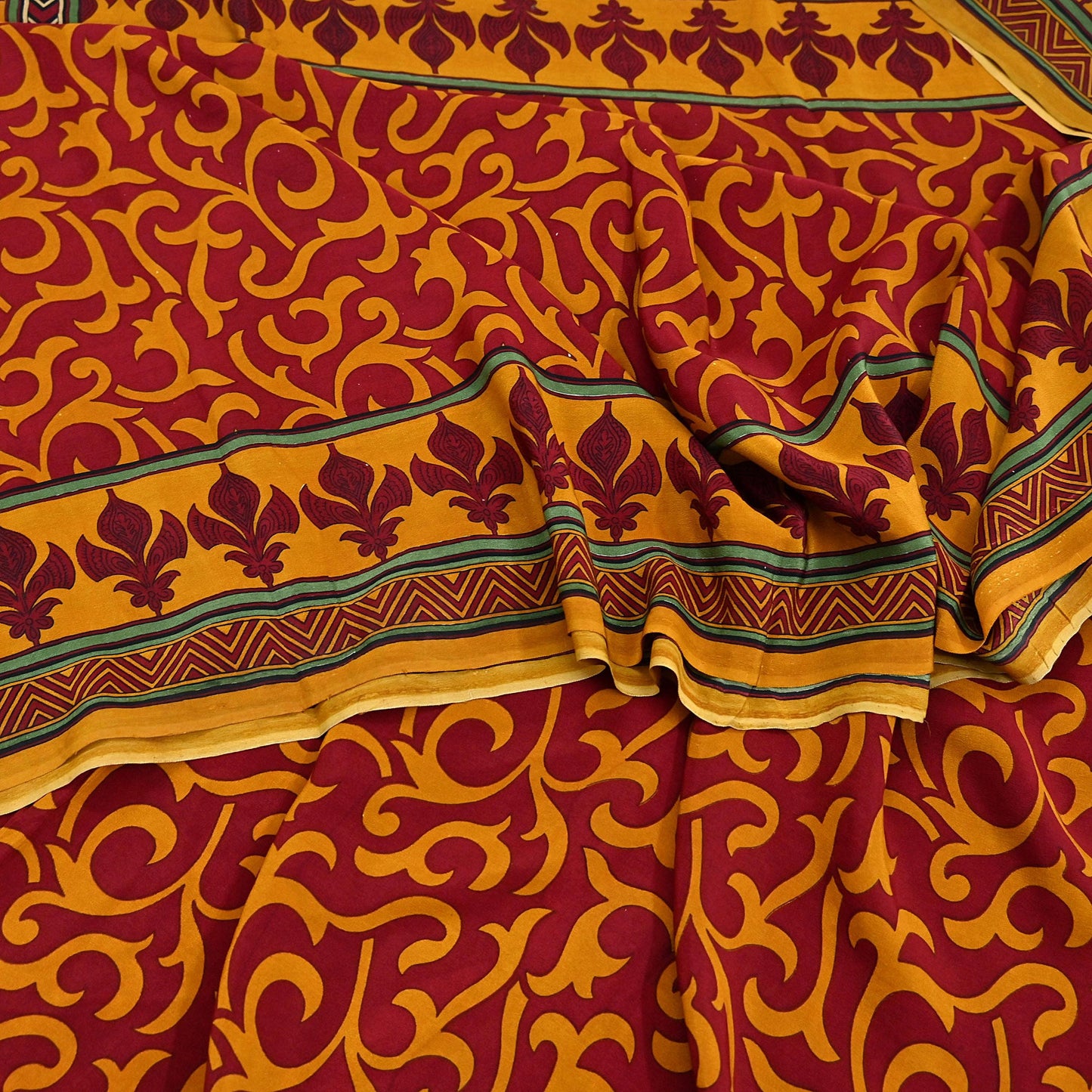 Indian Vintage Sari Mustard & maroon Pure Crepe Silk Printed Saree 6yard Sewing Quilting Floral Soft Craft Fabric Wrap