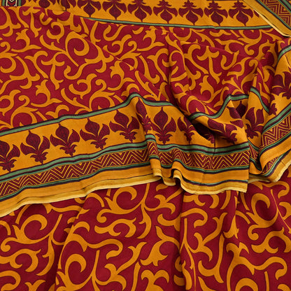 Indian Vintage Sari Mustard & maroon Pure Crepe Silk Printed Saree 6yard Sewing Quilting Floral Soft Craft Fabric Wrap