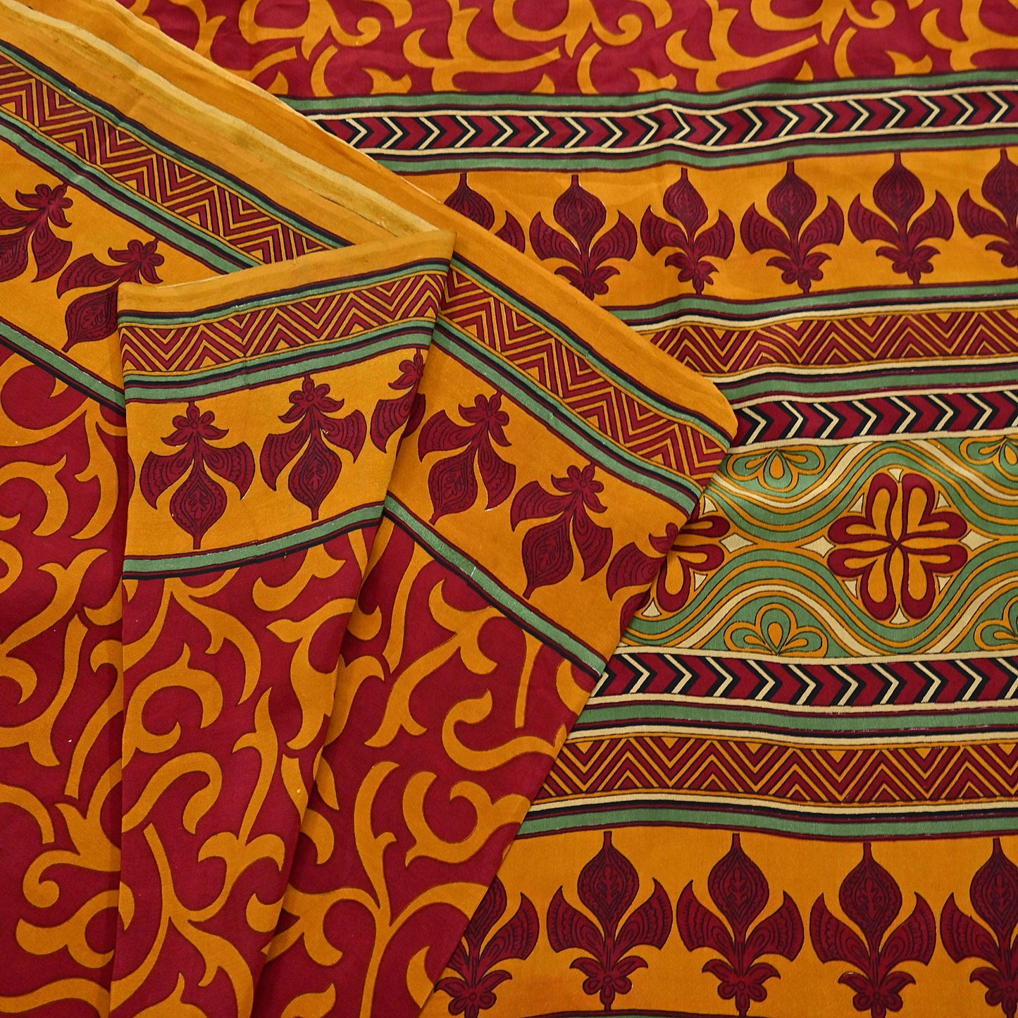Indian Vintage Sari Mustard & maroon Pure Crepe Silk Printed Saree 6yard Sewing Quilting Floral Soft Craft Fabric Wrap