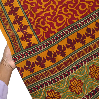 Indian Vintage Sari Mustard & maroon Pure Crepe Silk Printed Saree 6yard Sewing Quilting Floral Soft Craft Fabric Wrap