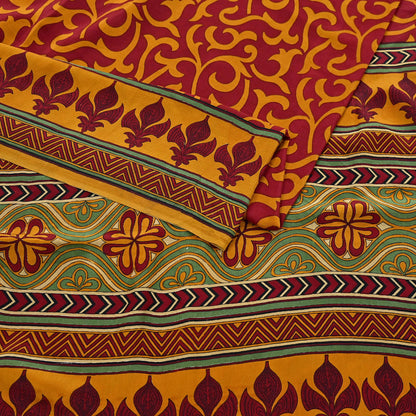Indian Vintage Sari Mustard & maroon Pure Crepe Silk Printed Saree 6yard Sewing Quilting Floral Soft Craft Fabric Wrap