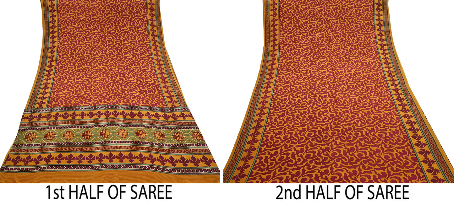 Indian Vintage Sari Mustard & maroon Pure Crepe Silk Printed Saree 6yard Sewing Quilting Floral Soft Craft Fabric Wrap