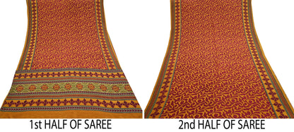 Indian Vintage Sari Mustard & maroon Pure Crepe Silk Printed Saree 6yard Sewing Quilting Floral Soft Craft Fabric Wrap