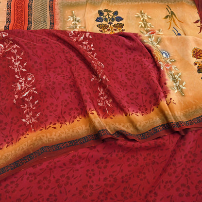 Indian Vintage Sari Multi Pure Crepe Silk Hand Embroidered Saree 6yd Sewing Floral Craft Dress making Crafting Quilting
