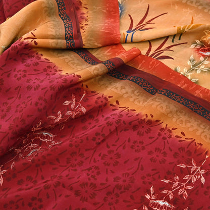 Indian Vintage Sari Multi Pure Crepe Silk Hand Embroidered Saree 6yd Sewing Floral Craft Dress making Crafting Quilting