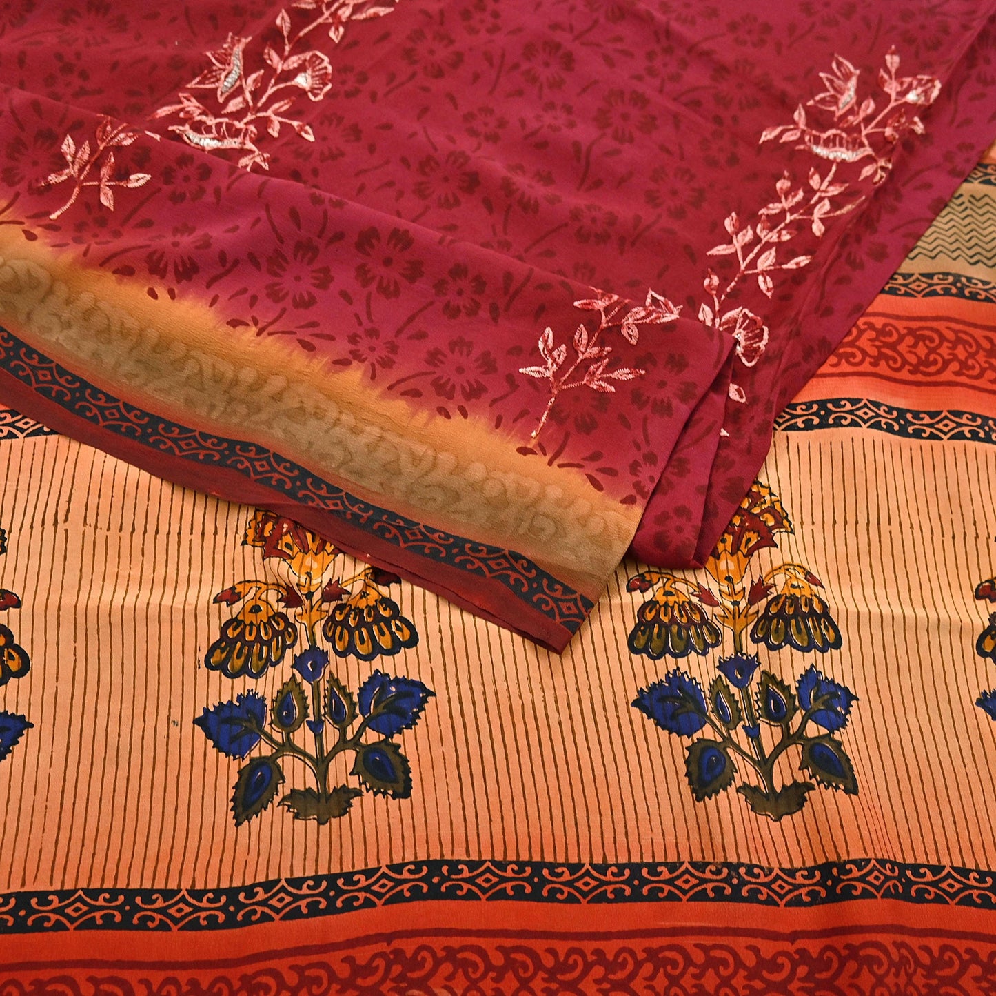 Indian Vintage Sari Multi Pure Crepe Silk Hand Embroidered Saree 6yd Sewing Floral Craft Dress making Crafting Quilting