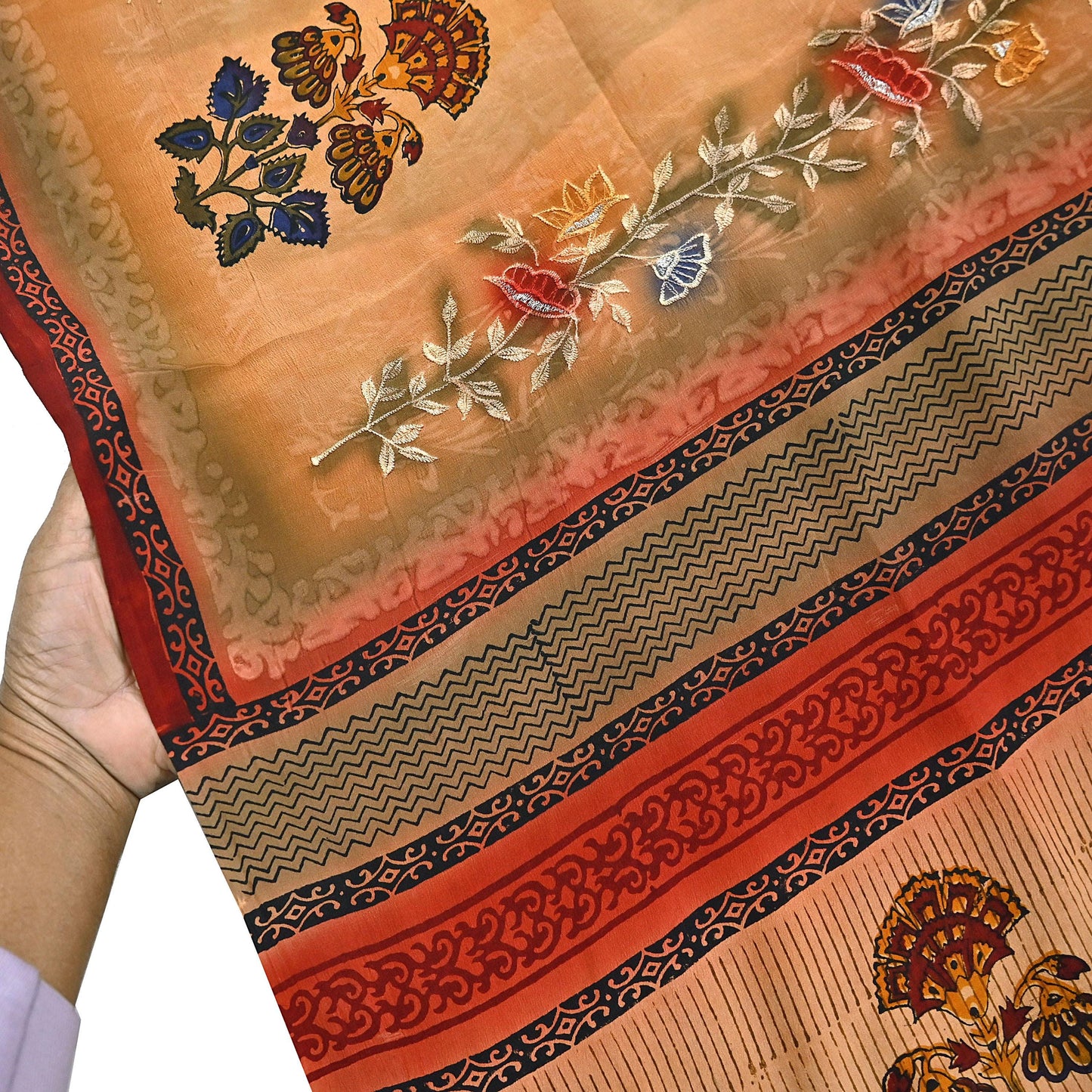 Indian Vintage Sari Multi Pure Crepe Silk Hand Embroidered Saree 6yd Sewing Floral Craft Dress making Crafting Quilting