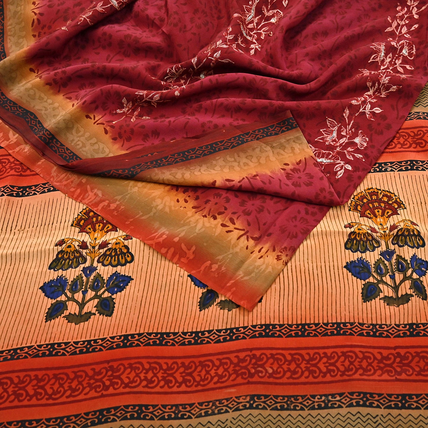 Indian Vintage Sari Multi Pure Crepe Silk Hand Embroidered Saree 6yd Sewing Floral Craft Dress making Crafting Quilting