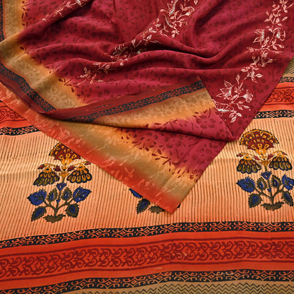 Indian Vintage Sari Multi Pure Crepe Silk Hand Embroidered Saree 6yd Sewing Floral Craft Dress making Crafting Quilting
