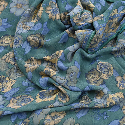 Indian Vintage Sari Green Pure Georgette Silk Printed Saree Craft Fabric Sewing 5Yd Soft Light Dress Making Crafting Quilting Upcycle