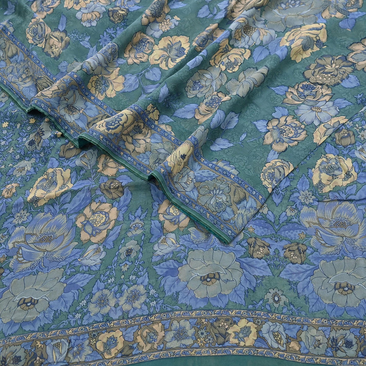 Indian Vintage Sari Green Pure Georgette Silk Printed Saree Craft Fabric Sewing 5Yd Soft Light Dress Making Crafting Quilting Upcycle