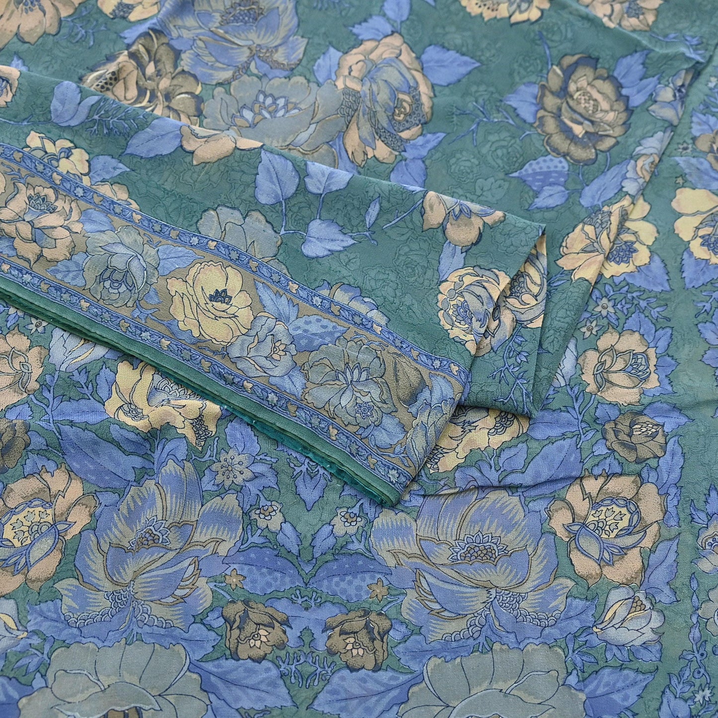 Indian Vintage Sari Green Pure Georgette Silk Printed Saree Craft Fabric Sewing 5Yd Soft Light Dress Making Crafting Quilting Upcycle