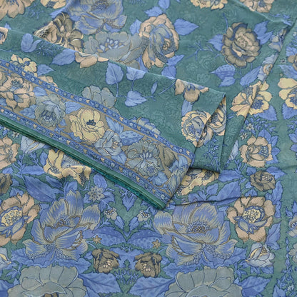 Indian Vintage Sari Green Pure Georgette Silk Printed Saree Craft Fabric Sewing 5Yd Soft Light Dress Making Crafting Quilting Upcycle